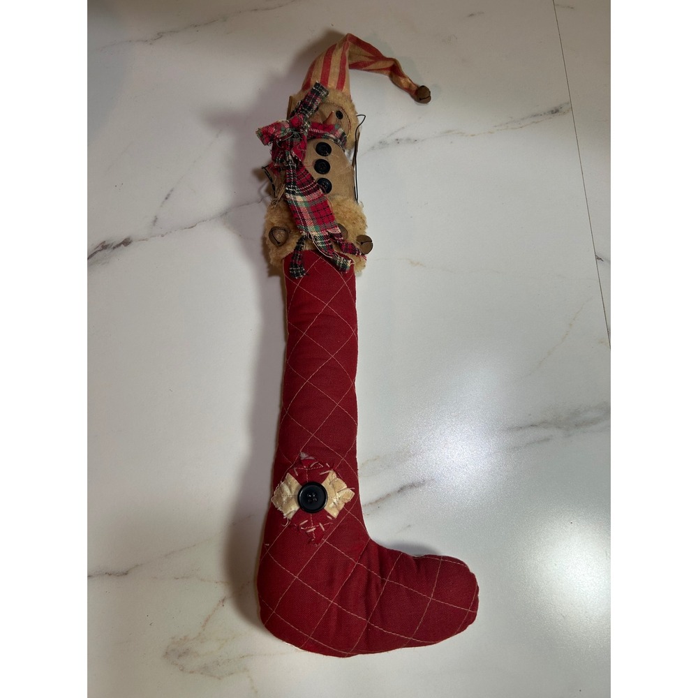 Primitive Rustic Snowman Christmas Stocking Red Quilted Coffee Stained 21 Inch